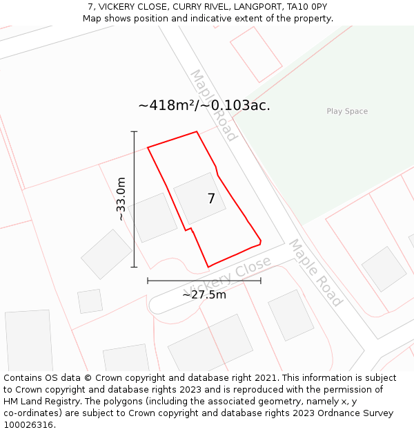 7, VICKERY CLOSE, CURRY RIVEL, LANGPORT, TA10 0PY: Plot and title map