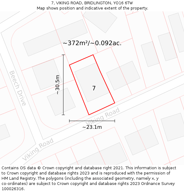 7, VIKING ROAD, BRIDLINGTON, YO16 6TW: Plot and title map