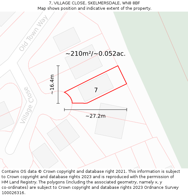 7, VILLAGE CLOSE, SKELMERSDALE, WN8 8BF: Plot and title map