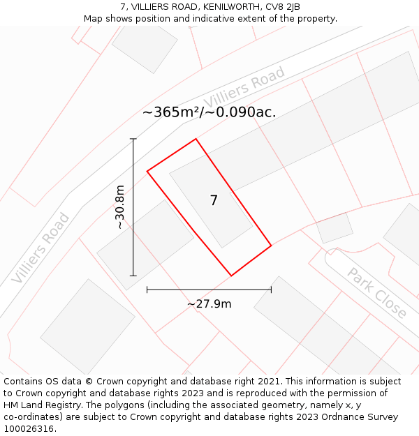 7, VILLIERS ROAD, KENILWORTH, CV8 2JB: Plot and title map