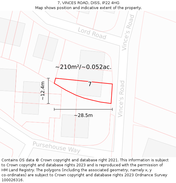 7, VINCES ROAD, DISS, IP22 4HG: Plot and title map