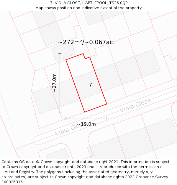 7, VIOLA CLOSE, HARTLEPOOL, TS26 0QP: Plot and title map