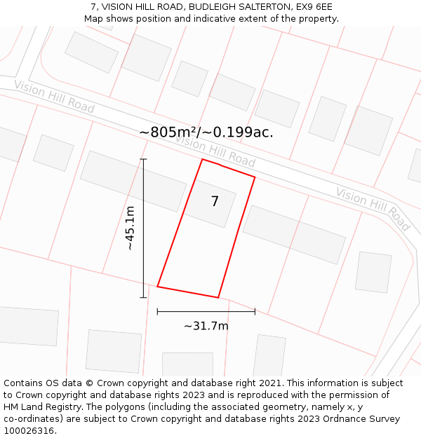 7, VISION HILL ROAD, BUDLEIGH SALTERTON, EX9 6EE: Plot and title map