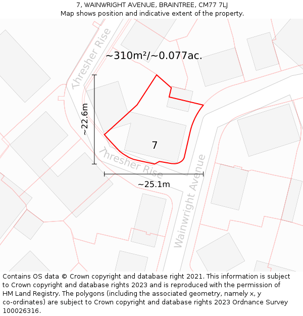 7, WAINWRIGHT AVENUE, BRAINTREE, CM77 7LJ: Plot and title map