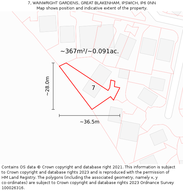 7, WAINWRIGHT GARDENS, GREAT BLAKENHAM, IPSWICH, IP6 0NN: Plot and title map