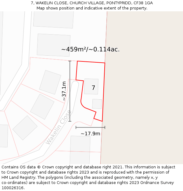 7, WAKELIN CLOSE, CHURCH VILLAGE, PONTYPRIDD, CF38 1GA: Plot and title map