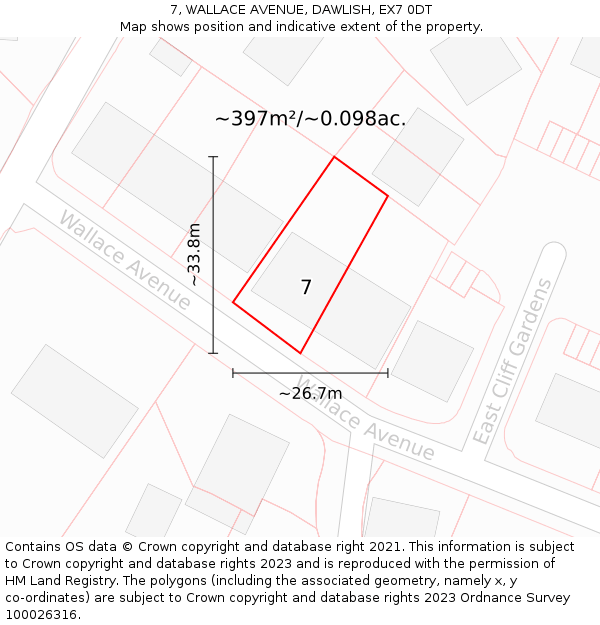 7, WALLACE AVENUE, DAWLISH, EX7 0DT: Plot and title map