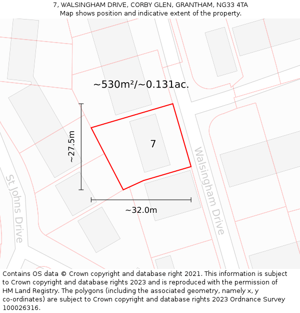 7, WALSINGHAM DRIVE, CORBY GLEN, GRANTHAM, NG33 4TA: Plot and title map