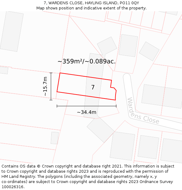 7, WARDENS CLOSE, HAYLING ISLAND, PO11 0QY: Plot and title map