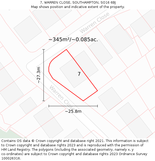 7, WARREN CLOSE, SOUTHAMPTON, SO16 6BJ: Plot and title map