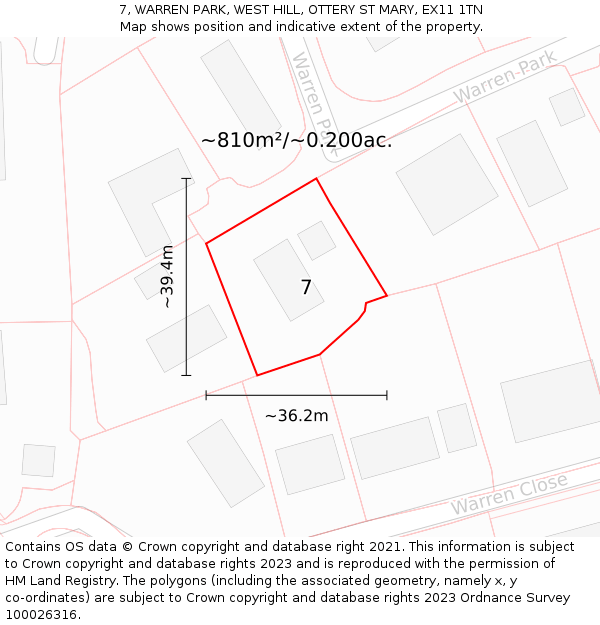 7, WARREN PARK, WEST HILL, OTTERY ST MARY, EX11 1TN: Plot and title map