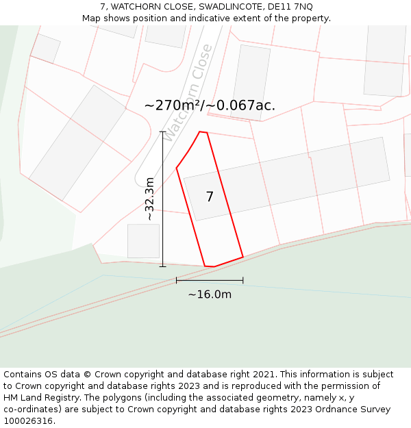 7, WATCHORN CLOSE, SWADLINCOTE, DE11 7NQ: Plot and title map