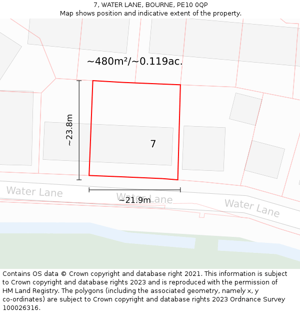 7, WATER LANE, BOURNE, PE10 0QP: Plot and title map