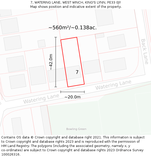 7, WATERING LANE, WEST WINCH, KING'S LYNN, PE33 0JY: Plot and title map