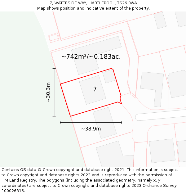 7, WATERSIDE WAY, HARTLEPOOL, TS26 0WA: Plot and title map