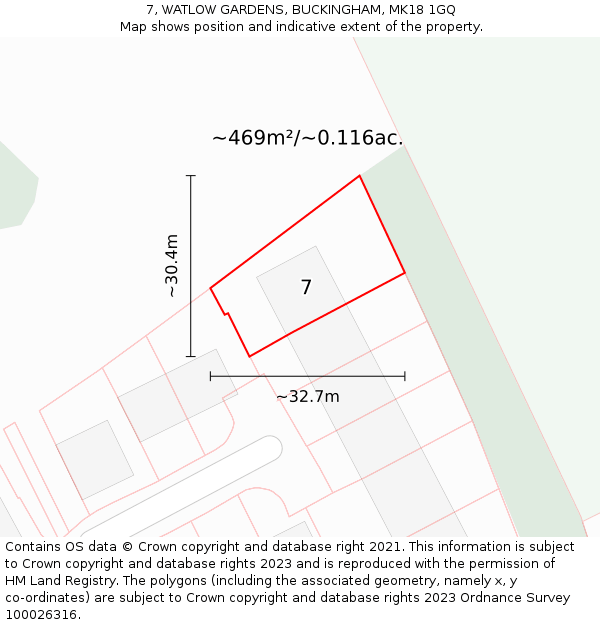 7, WATLOW GARDENS, BUCKINGHAM, MK18 1GQ: Plot and title map