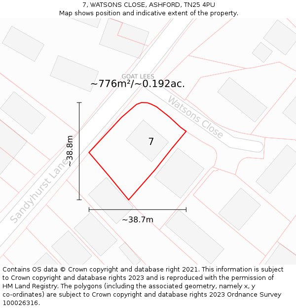 7, WATSONS CLOSE, ASHFORD, TN25 4PU: Plot and title map