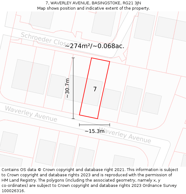 7, WAVERLEY AVENUE, BASINGSTOKE, RG21 3JN: Plot and title map