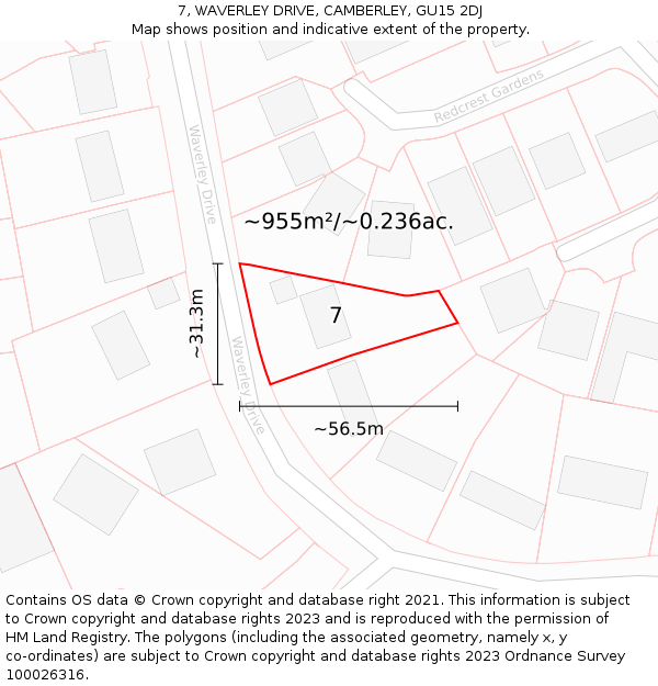 7, WAVERLEY DRIVE, CAMBERLEY, GU15 2DJ: Plot and title map