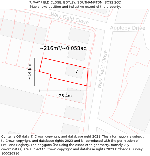 7, WAY FIELD CLOSE, BOTLEY, SOUTHAMPTON, SO32 2GD: Plot and title map