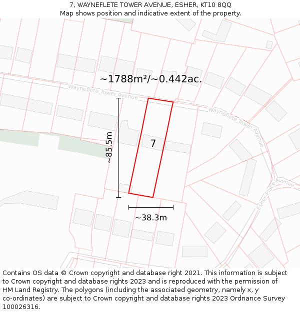 7, WAYNEFLETE TOWER AVENUE, ESHER, KT10 8QQ: Plot and title map