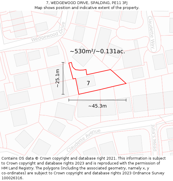 7, WEDGEWOOD DRIVE, SPALDING, PE11 3FJ: Plot and title map