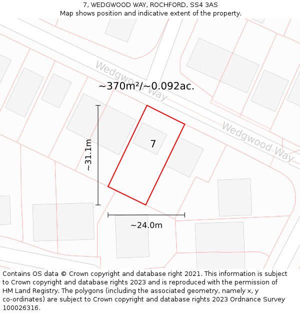 7, WEDGWOOD WAY, ROCHFORD, SS4 3AS: Plot and title map