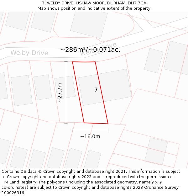 7, WELBY DRIVE, USHAW MOOR, DURHAM, DH7 7GA: Plot and title map