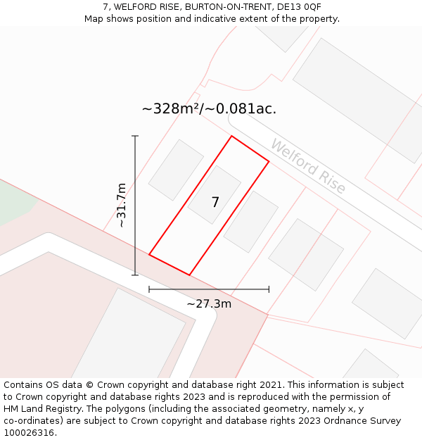 7, WELFORD RISE, BURTON-ON-TRENT, DE13 0QF: Plot and title map