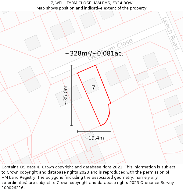 7, WELL FARM CLOSE, MALPAS, SY14 8QW: Plot and title map