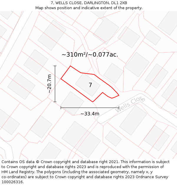 7, WELLS CLOSE, DARLINGTON, DL1 2XB: Plot and title map