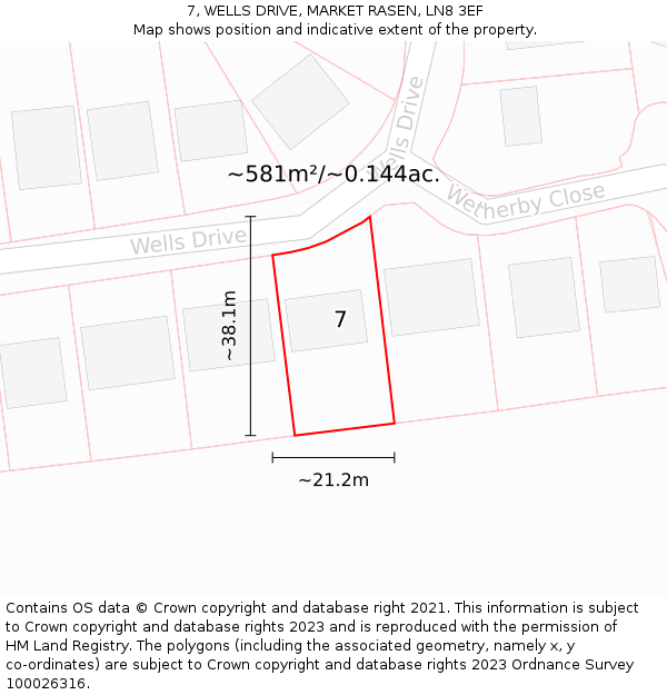 7, WELLS DRIVE, MARKET RASEN, LN8 3EF: Plot and title map