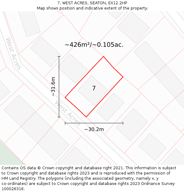 7, WEST ACRES, SEATON, EX12 2HP: Plot and title map