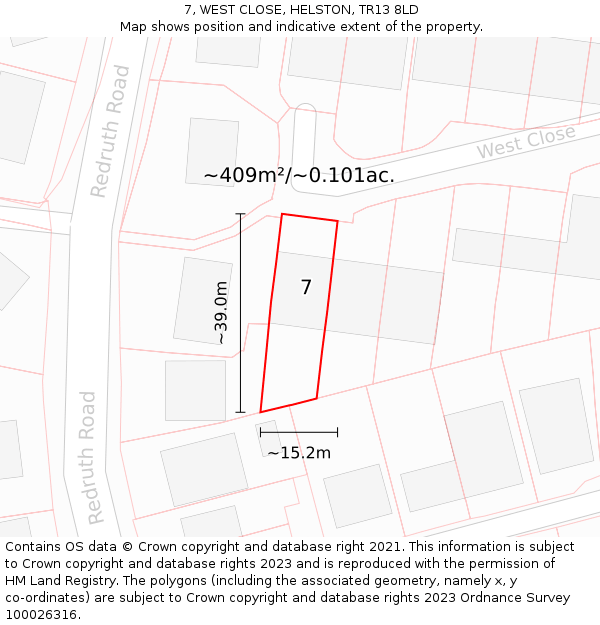 7, WEST CLOSE, HELSTON, TR13 8LD: Plot and title map