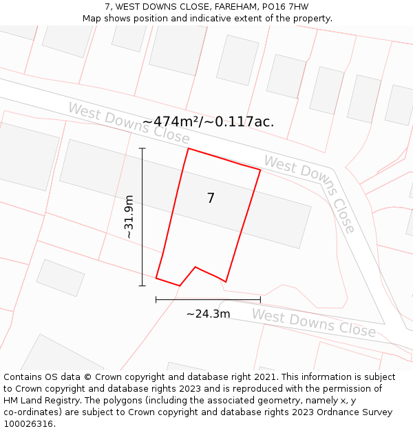 7, WEST DOWNS CLOSE, FAREHAM, PO16 7HW: Plot and title map