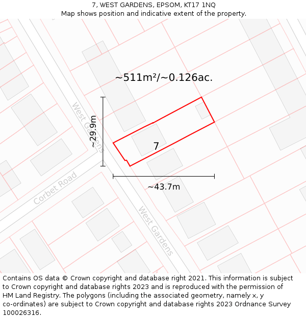 7, WEST GARDENS, EPSOM, KT17 1NQ: Plot and title map