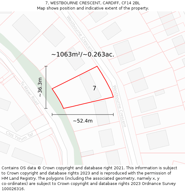 7, WESTBOURNE CRESCENT, CARDIFF, CF14 2BL: Plot and title map