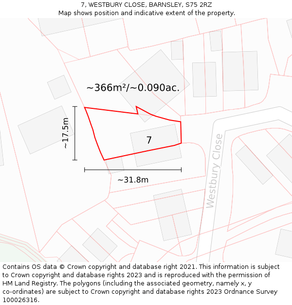 7, WESTBURY CLOSE, BARNSLEY, S75 2RZ: Plot and title map