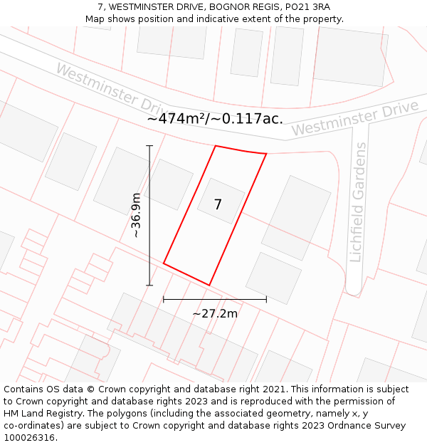 7, WESTMINSTER DRIVE, BOGNOR REGIS, PO21 3RA: Plot and title map