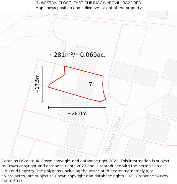 7, WESTON CLOSE, EAST CHINNOCK, YEOVIL, BA22 9ED: Plot and title map