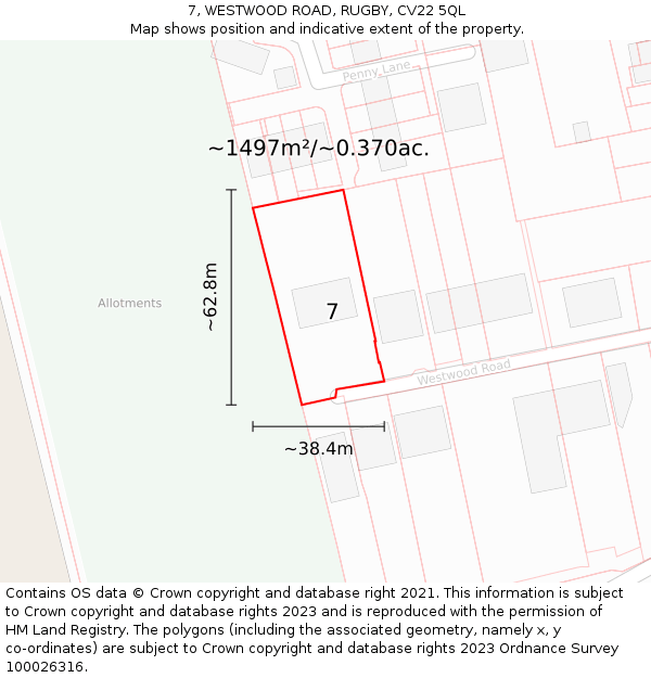 7, WESTWOOD ROAD, RUGBY, CV22 5QL: Plot and title map