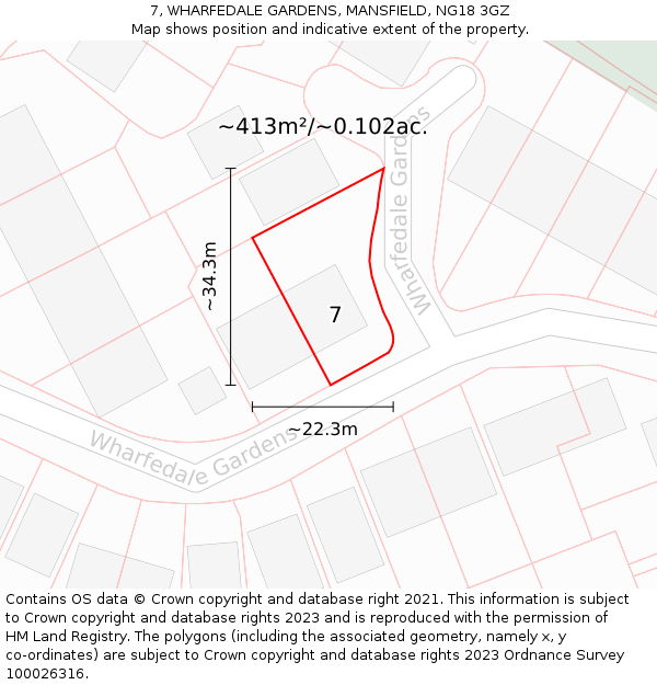 7, WHARFEDALE GARDENS, MANSFIELD, NG18 3GZ: Plot and title map