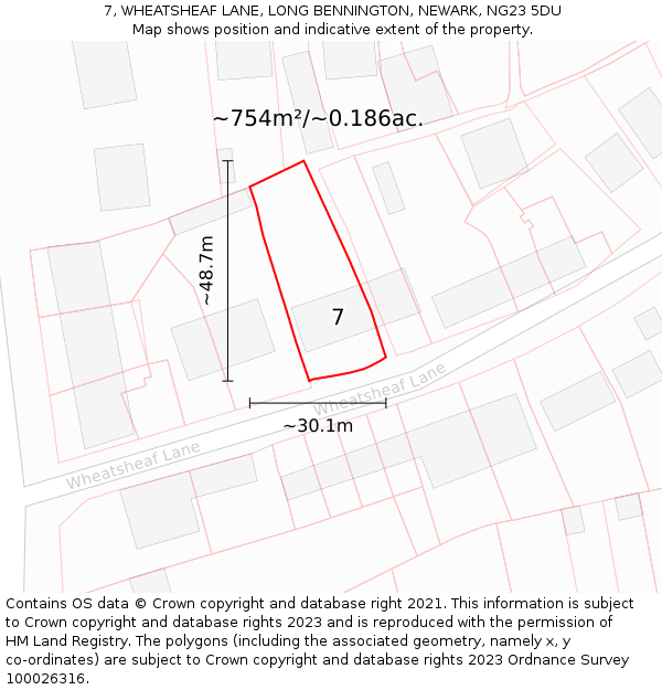 7, WHEATSHEAF LANE, LONG BENNINGTON, NEWARK, NG23 5DU: Plot and title map