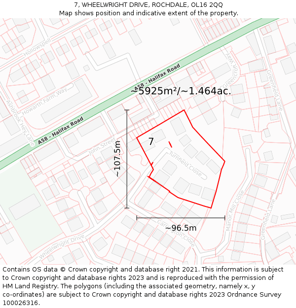 7, WHEELWRIGHT DRIVE, ROCHDALE, OL16 2QQ: Plot and title map
