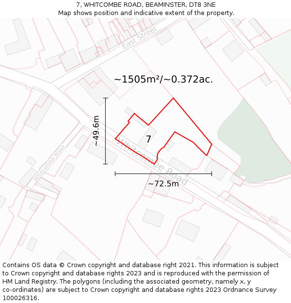 7, WHITCOMBE ROAD, BEAMINSTER, DT8 3NE: Plot and title map