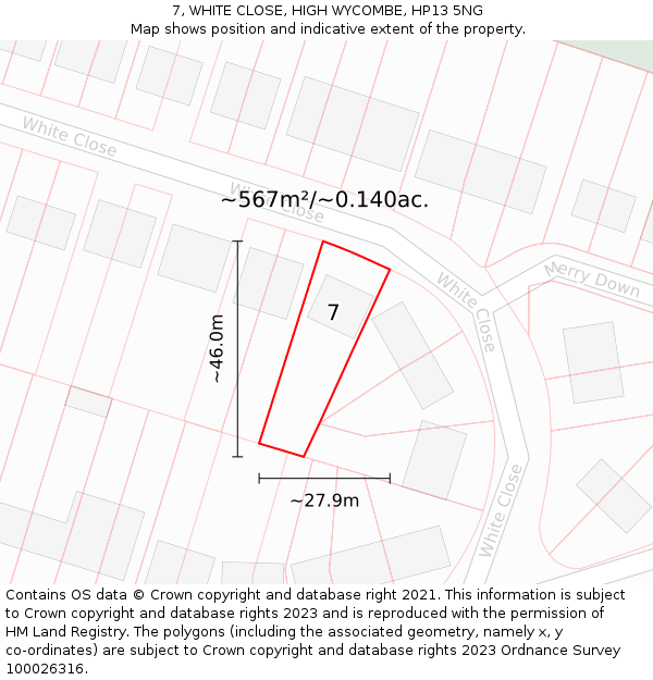 7, WHITE CLOSE, HIGH WYCOMBE, HP13 5NG: Plot and title map