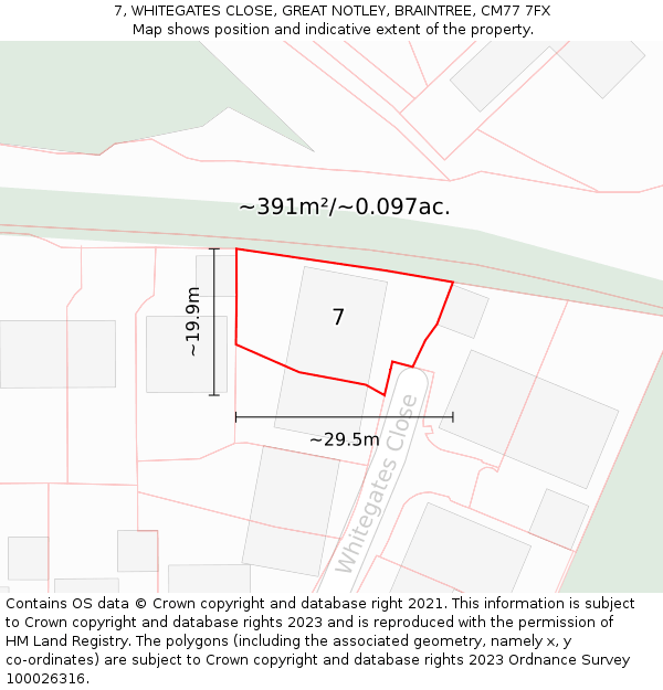 7, WHITEGATES CLOSE, GREAT NOTLEY, BRAINTREE, CM77 7FX: Plot and title map