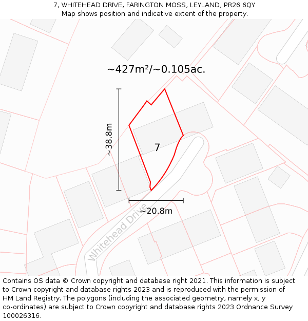 7, WHITEHEAD DRIVE, FARINGTON MOSS, LEYLAND, PR26 6QY: Plot and title map