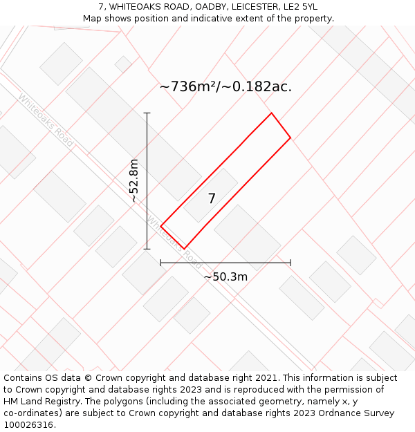 7, WHITEOAKS ROAD, OADBY, LEICESTER, LE2 5YL: Plot and title map