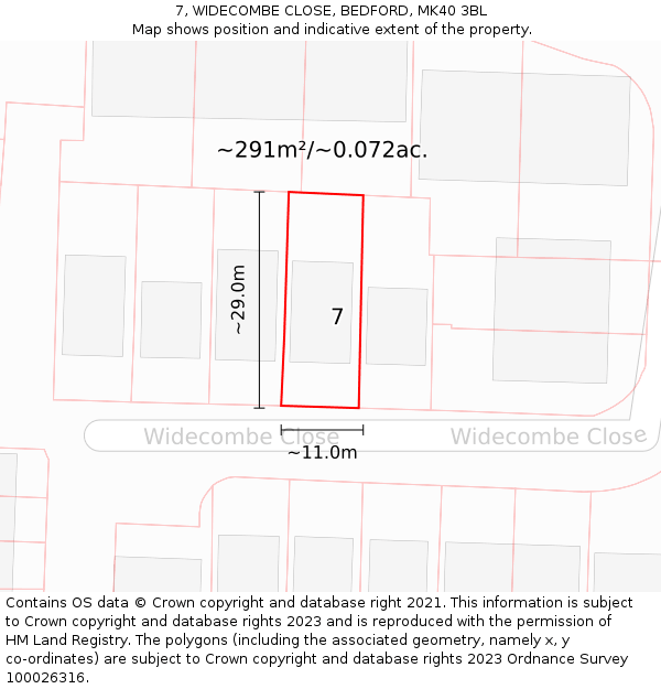 7, WIDECOMBE CLOSE, BEDFORD, MK40 3BL: Plot and title map